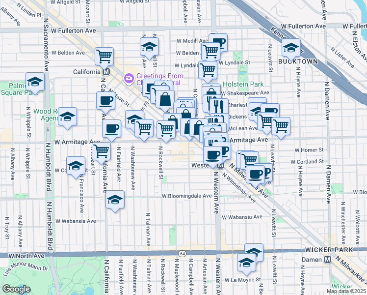 map of restaurants, bars, coffee shops, grocery stores, and more near 1950 North Campbell Avenue in Chicago