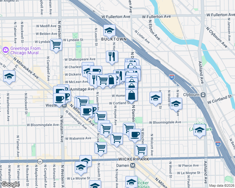 map of restaurants, bars, coffee shops, grocery stores, and more near 2047 West Armitage Avenue in Chicago