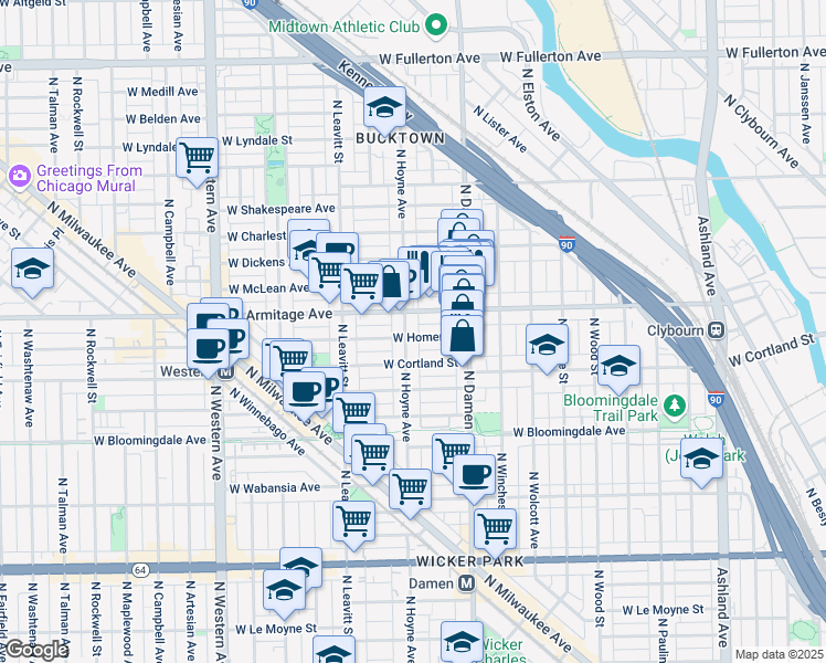 map of restaurants, bars, coffee shops, grocery stores, and more near 2047 West Armitage Avenue in Chicago