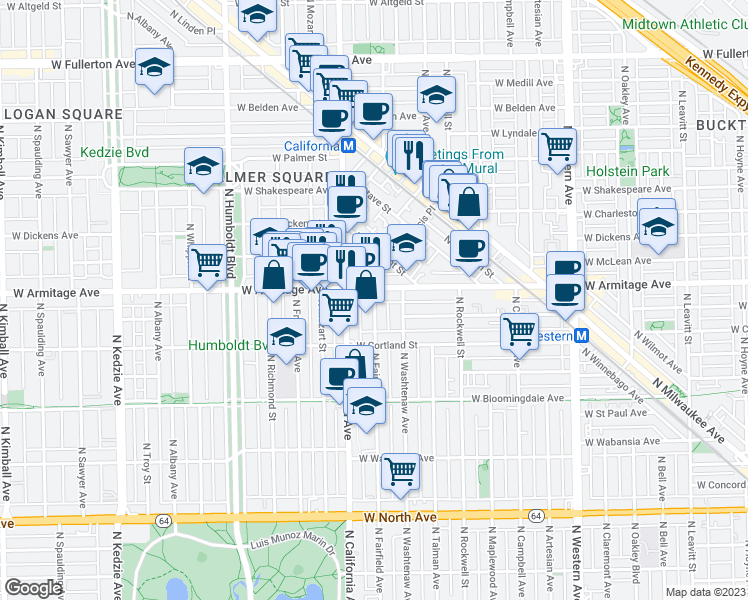 map of restaurants, bars, coffee shops, grocery stores, and more near 2728 West Armitage Avenue in Chicago