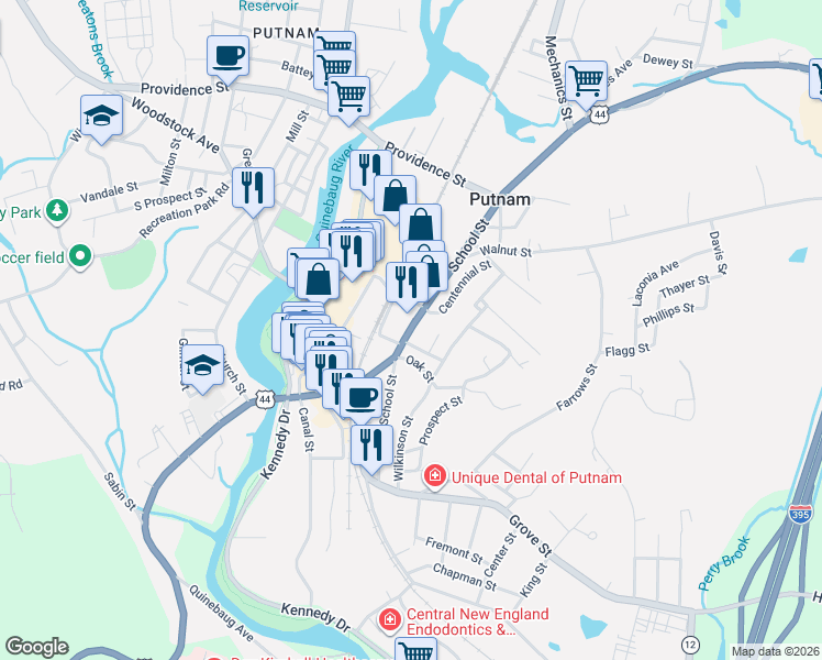 map of restaurants, bars, coffee shops, grocery stores, and more near 131 School Street in Putnam