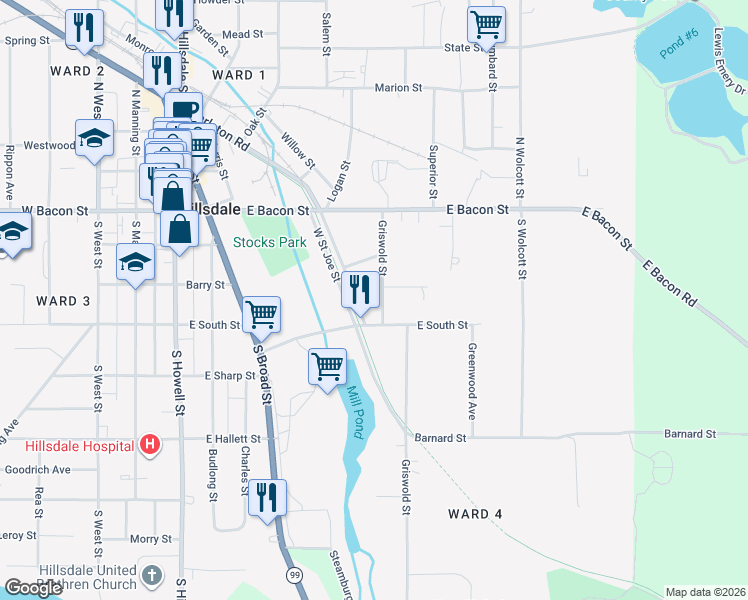 map of restaurants, bars, coffee shops, grocery stores, and more near 59 East Street Joe Street in Hillsdale