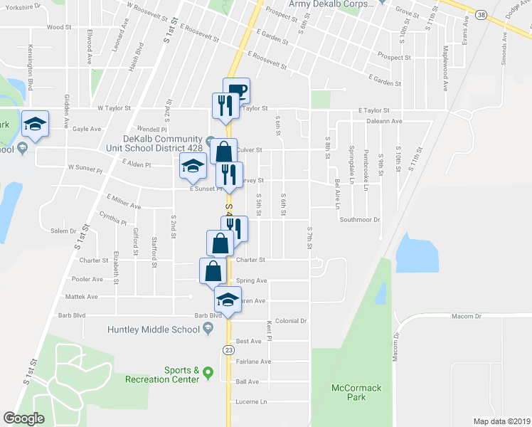 map of restaurants, bars, coffee shops, grocery stores, and more near 1052 South 5th Street in DeKalb