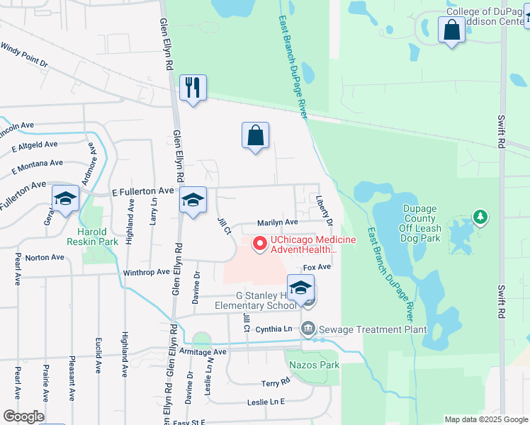 map of restaurants, bars, coffee shops, grocery stores, and more near 706 Marilyn Avenue in Glendale Heights