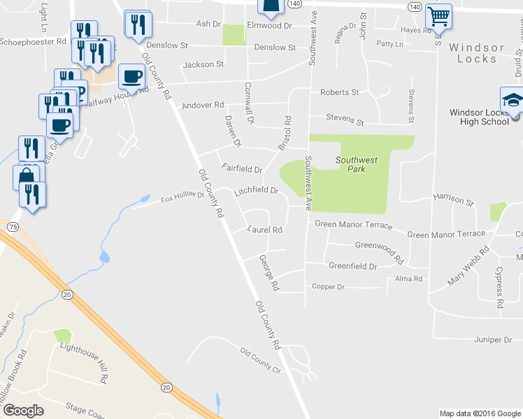 map of restaurants, bars, coffee shops, grocery stores, and more near 20 Walnut Circle in Windsor Locks