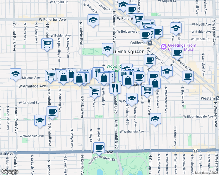 map of restaurants, bars, coffee shops, grocery stores, and more near 3026 West Armitage Avenue in Chicago