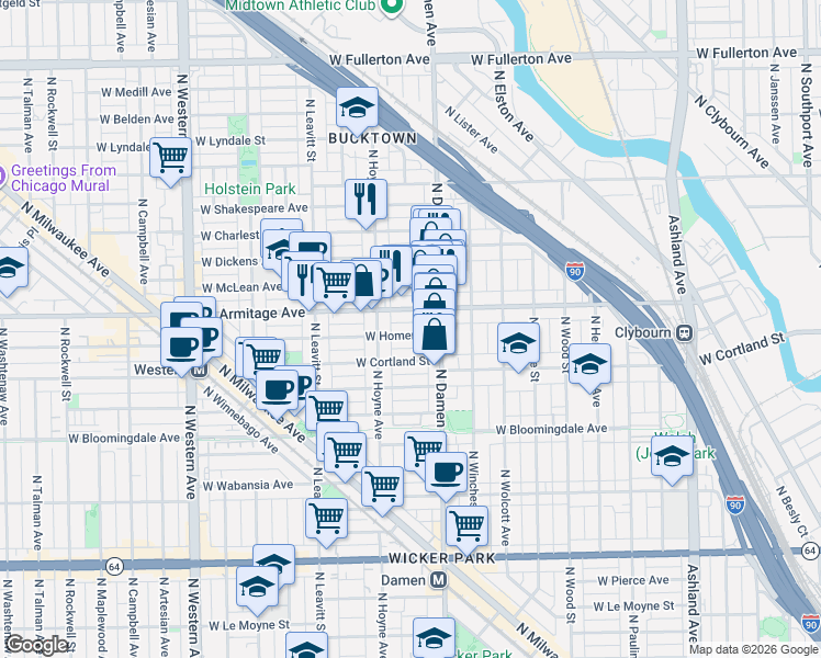 map of restaurants, bars, coffee shops, grocery stores, and more near 2047 West Armitage Avenue in Chicago