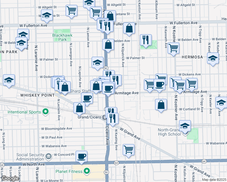 map of restaurants, bars, coffee shops, grocery stores, and more near 2015 North Cicero Avenue in Chicago