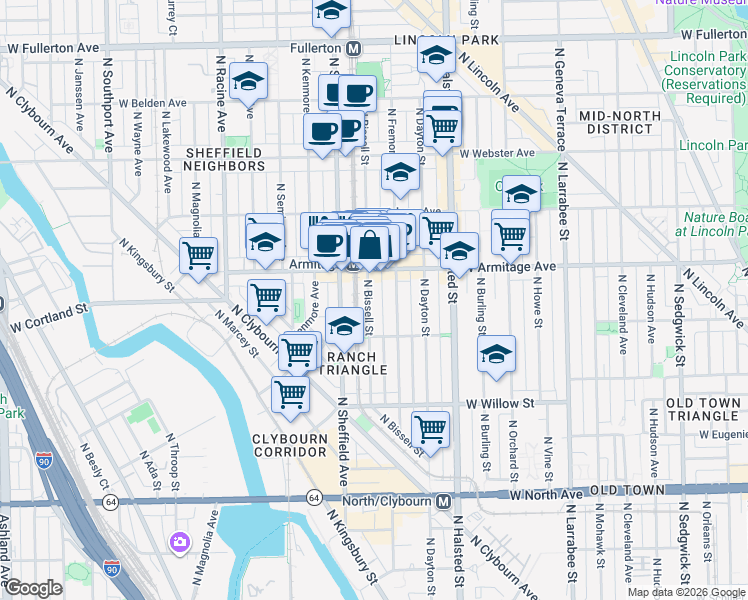 map of restaurants, bars, coffee shops, grocery stores, and more near 1941 North Bissell Street in Chicago