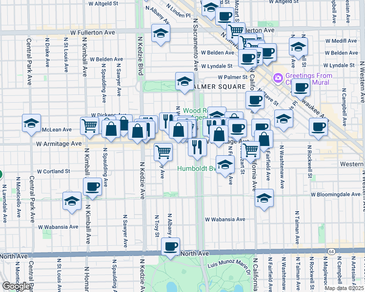 map of restaurants, bars, coffee shops, grocery stores, and more near in Chicago