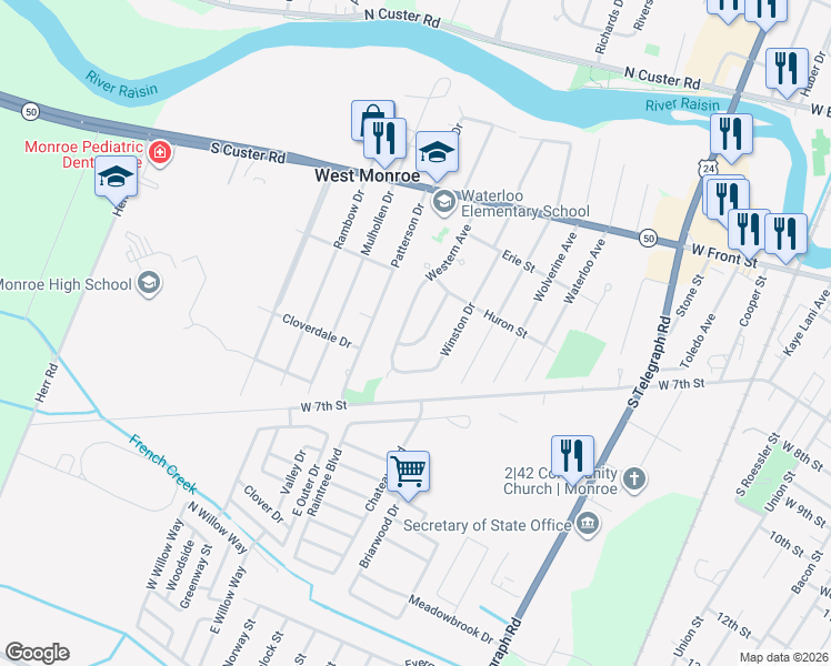map of restaurants, bars, coffee shops, grocery stores, and more near 925 Western Avenue in Monroe