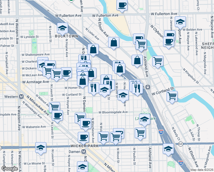 map of restaurants, bars, coffee shops, grocery stores, and more near 1936 North Honore Street in Chicago