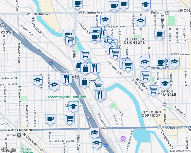 map of restaurants, bars, coffee shops, grocery stores, and more near 1438 West Cortland Street in Chicago
