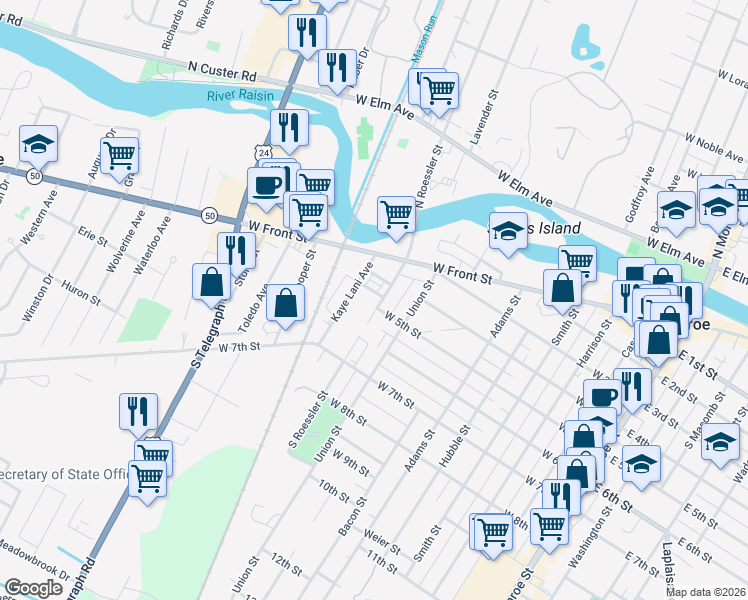 map of restaurants, bars, coffee shops, grocery stores, and more near 418 South Roessler Street in Monroe