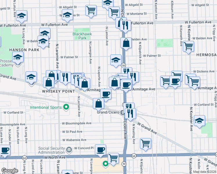 map of restaurants, bars, coffee shops, grocery stores, and more near 2017 North Lamon Avenue in Chicago
