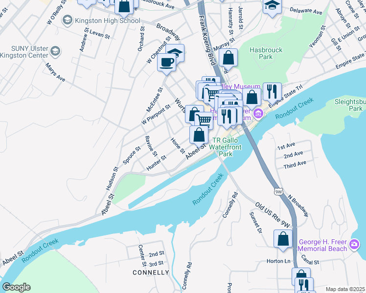 map of restaurants, bars, coffee shops, grocery stores, and more near 78 Hunter Street in Kingston