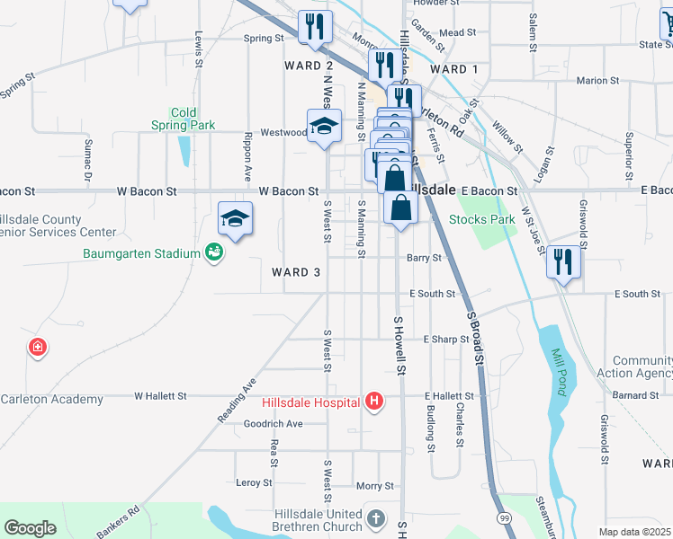 map of restaurants, bars, coffee shops, grocery stores, and more near 14 Barry Street in Hillsdale
