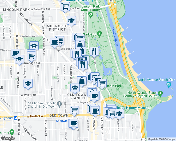 map of restaurants, bars, coffee shops, grocery stores, and more near 1936 North Clark Street in Chicago