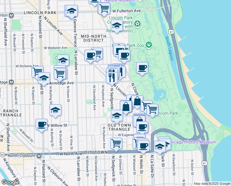 map of restaurants, bars, coffee shops, grocery stores, and more near 1932 North Sedgwick Street in Chicago