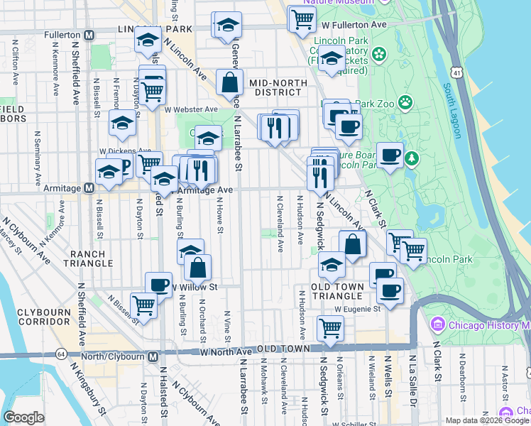 map of restaurants, bars, coffee shops, grocery stores, and more near 1935 North Mohawk Street in Chicago