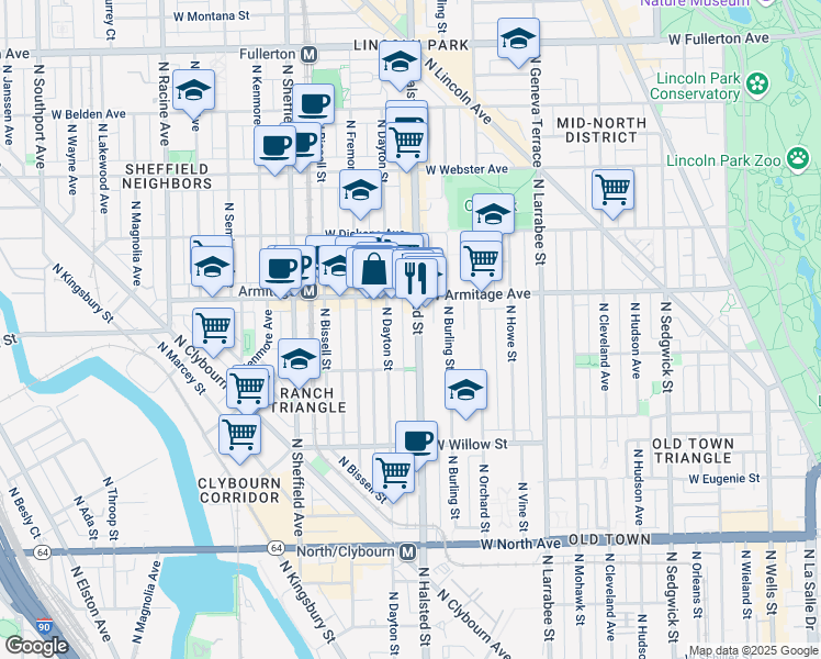 map of restaurants, bars, coffee shops, grocery stores, and more near 1953 North Dayton Street in Chicago