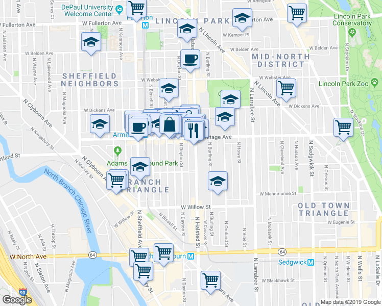 map of restaurants, bars, coffee shops, grocery stores, and more near 1953 North Dayton Street in Chicago