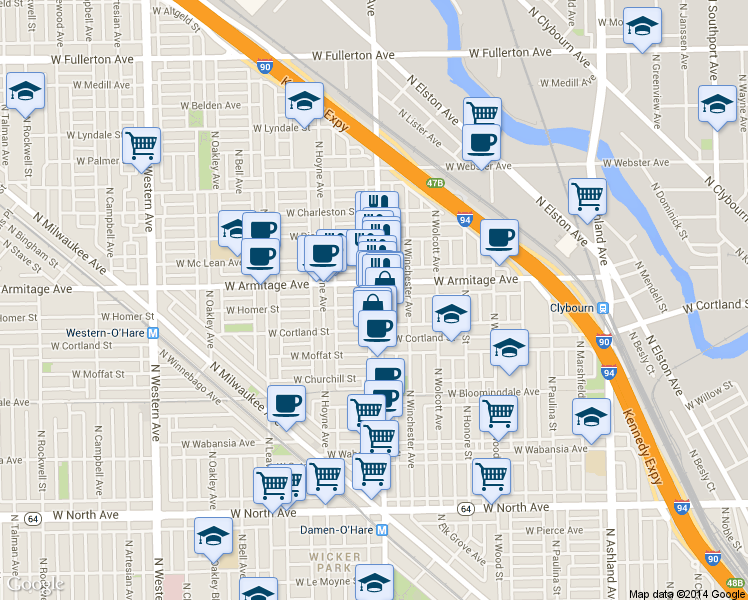 map of restaurants, bars, coffee shops, grocery stores, and more near 1954 North Damen Avenue in Chicago