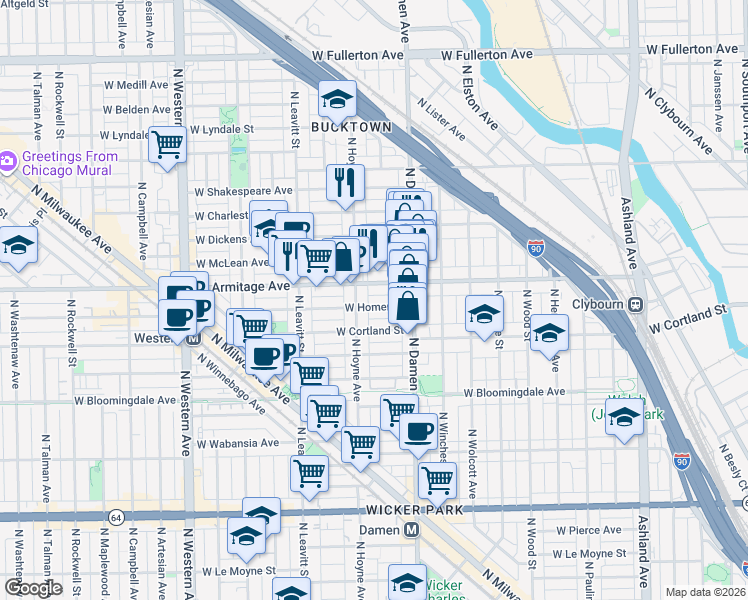 map of restaurants, bars, coffee shops, grocery stores, and more near 2047 West Armitage Avenue in Chicago