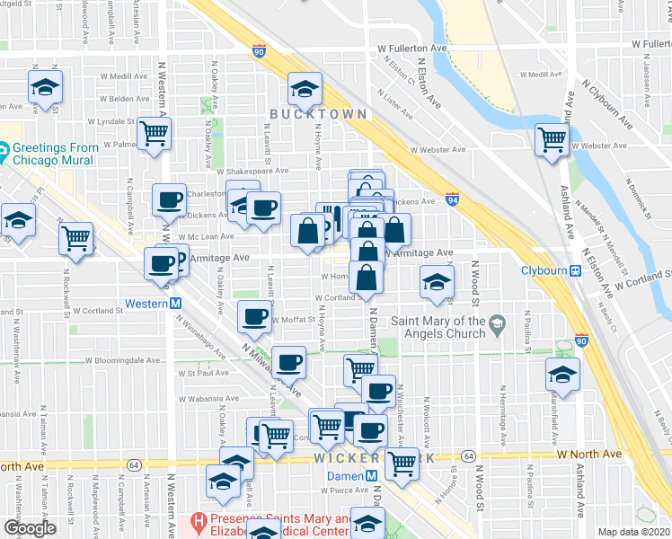map of restaurants, bars, coffee shops, grocery stores, and more near 2047 West Armitage Avenue in Chicago