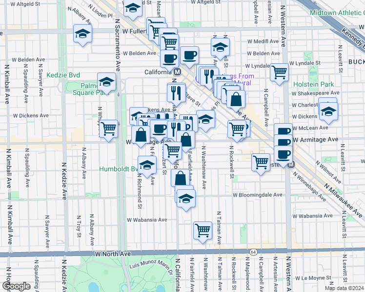 map of restaurants, bars, coffee shops, grocery stores, and more near 2728 West Armitage Avenue in Chicago