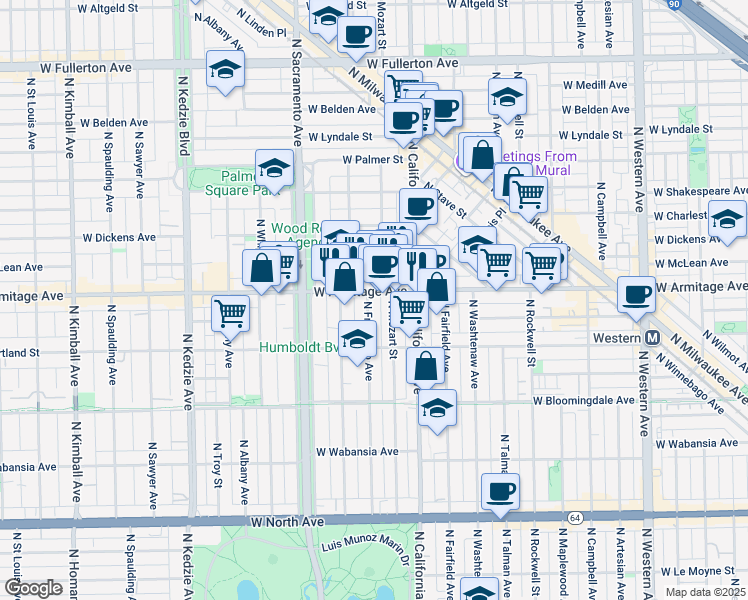 map of restaurants, bars, coffee shops, grocery stores, and more near 2842 West Armitage Avenue in Chicago