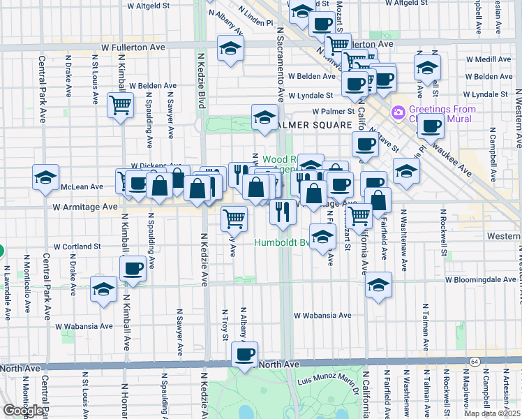 map of restaurants, bars, coffee shops, grocery stores, and more near in Chicago