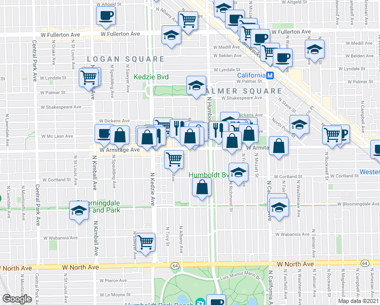 map of restaurants, bars, coffee shops, grocery stores, and more near in Chicago