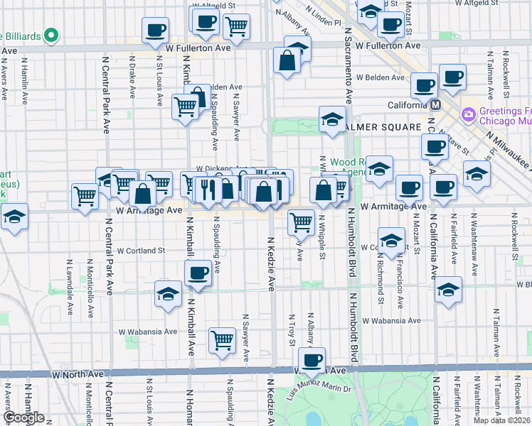 map of restaurants, bars, coffee shops, grocery stores, and more near 3222 West Armitage Avenue in Chicago