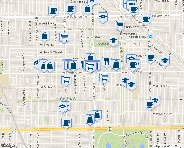 map of restaurants, bars, coffee shops, grocery stores, and more near 3222 West Armitage Avenue in Chicago
