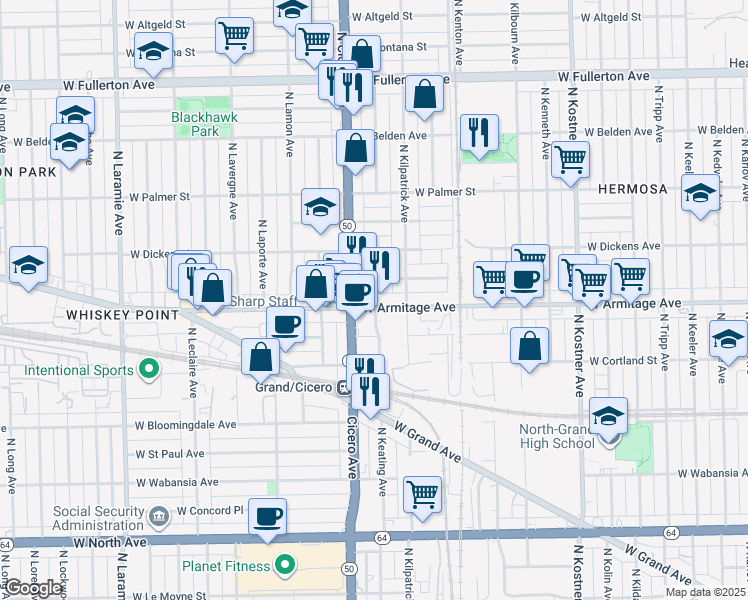 map of restaurants, bars, coffee shops, grocery stores, and more near in Chicago