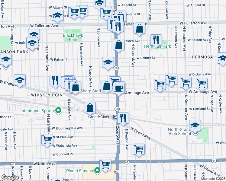 map of restaurants, bars, coffee shops, grocery stores, and more near 2019 North La Crosse Avenue in Chicago