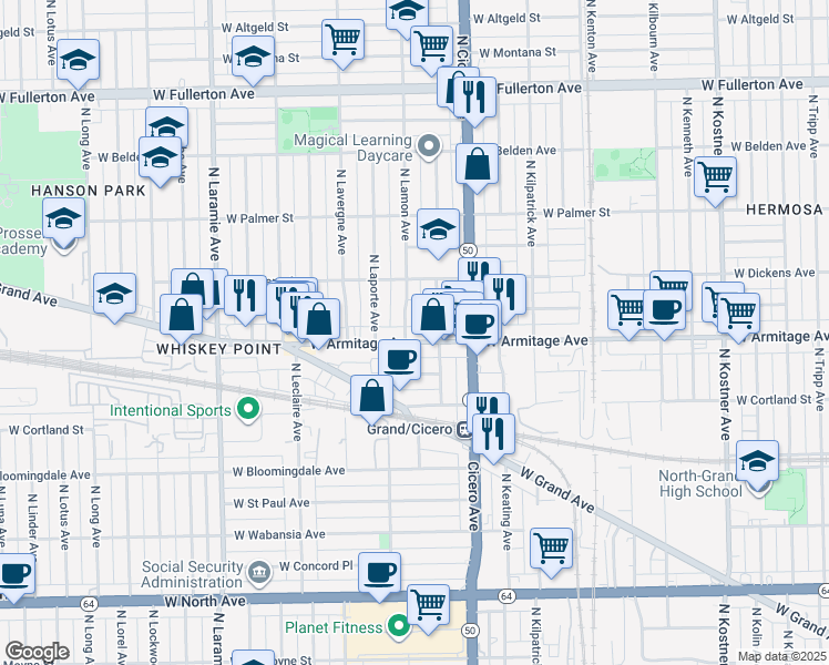 map of restaurants, bars, coffee shops, grocery stores, and more near 2017 North Lamon Avenue in Chicago