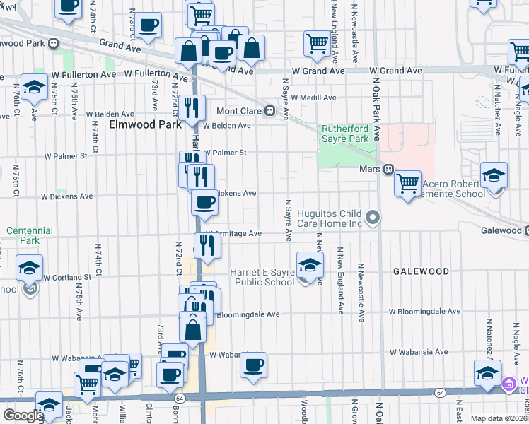 map of restaurants, bars, coffee shops, grocery stores, and more near 2044 North Nordica Avenue in Chicago