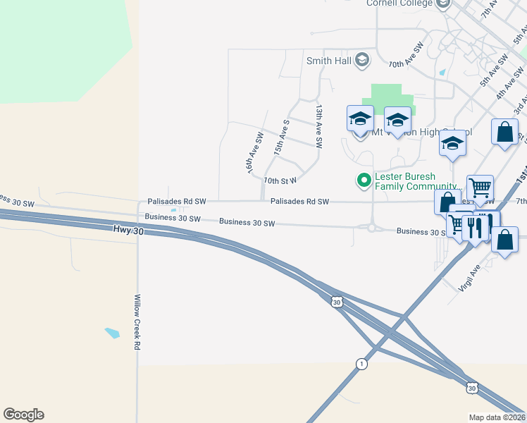 map of restaurants, bars, coffee shops, grocery stores, and more near 1527 Palisades Road Southwest in Mount Vernon
