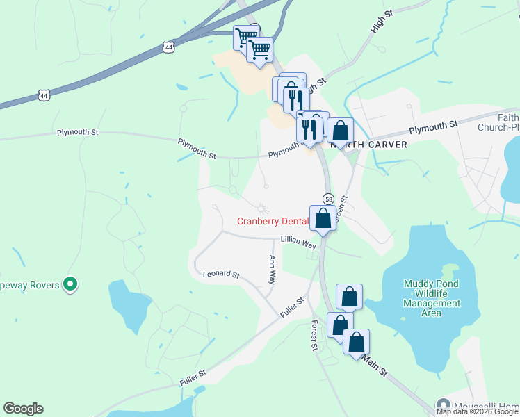 map of restaurants, bars, coffee shops, grocery stores, and more near 25 Santana Way in Carver