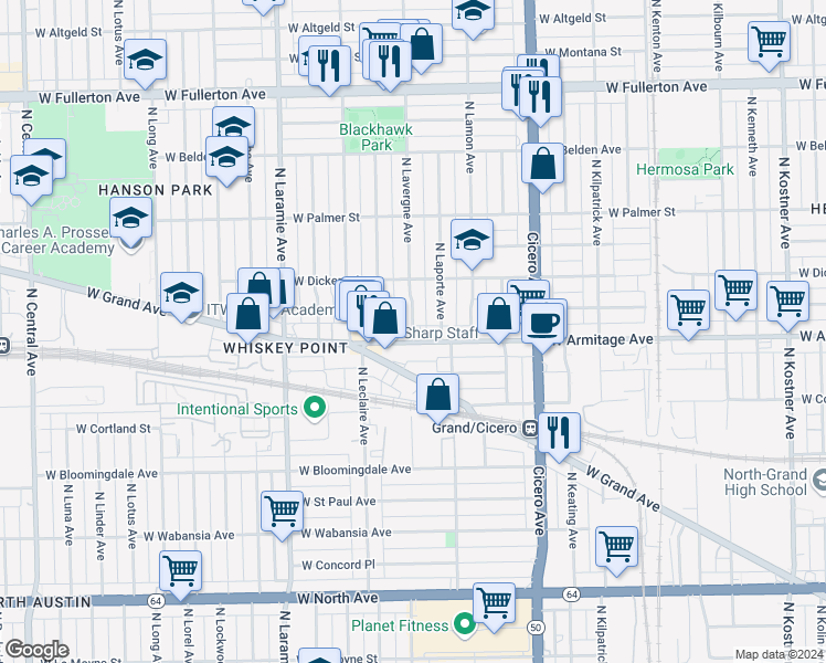 map of restaurants, bars, coffee shops, grocery stores, and more near 2017 North Lavergne Avenue in Chicago