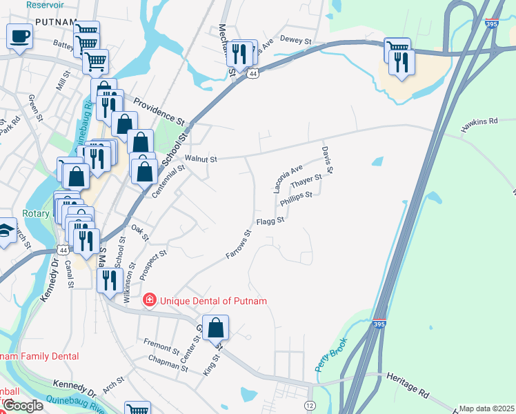 map of restaurants, bars, coffee shops, grocery stores, and more near 155 Farrows Street in Putnam