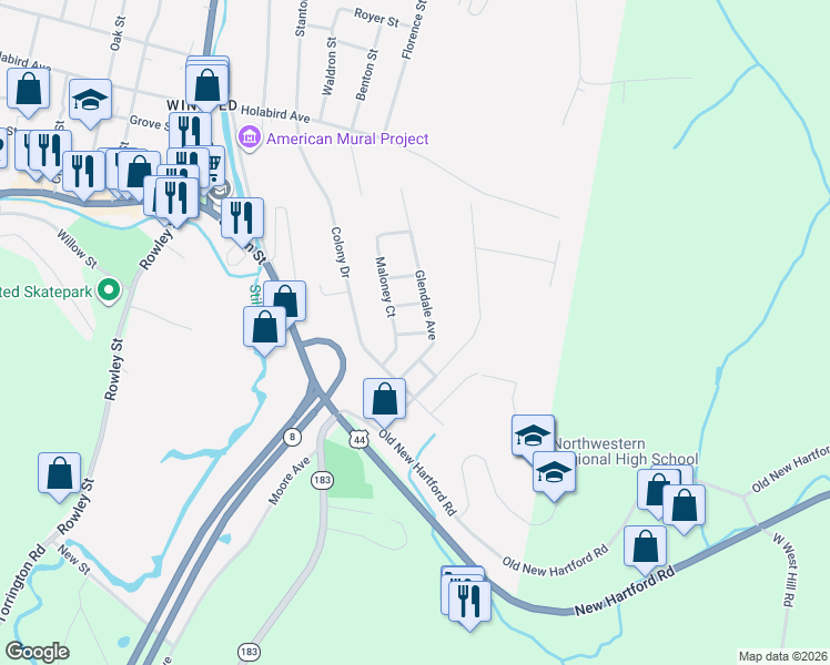map of restaurants, bars, coffee shops, grocery stores, and more near 97 Glendale Avenue in Winsted