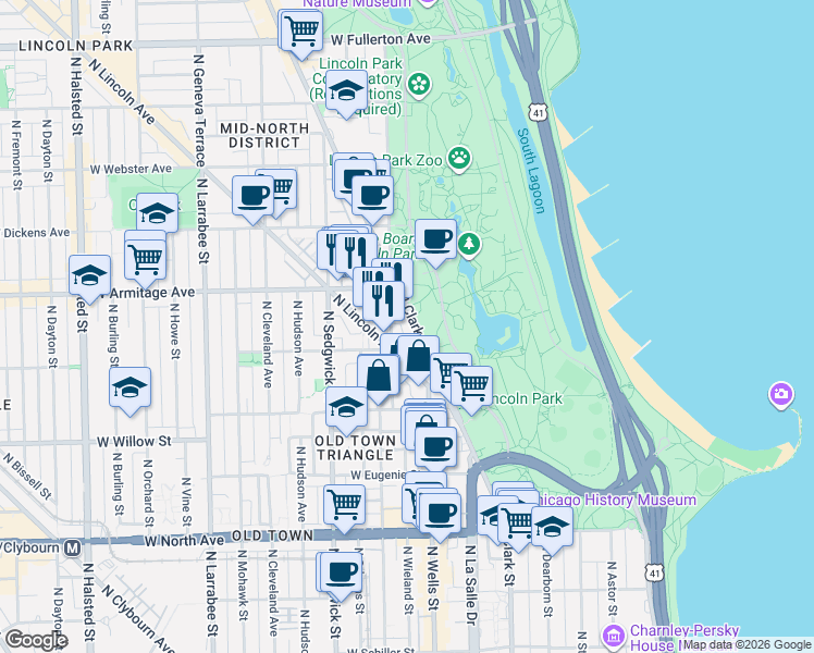 map of restaurants, bars, coffee shops, grocery stores, and more near 1936 North Clark Street in Chicago