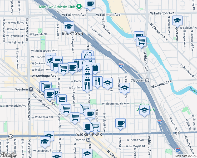 map of restaurants, bars, coffee shops, grocery stores, and more near 1956 West Armitage Avenue in Chicago
