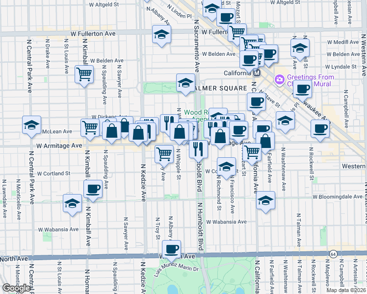 map of restaurants, bars, coffee shops, grocery stores, and more near in Chicago
