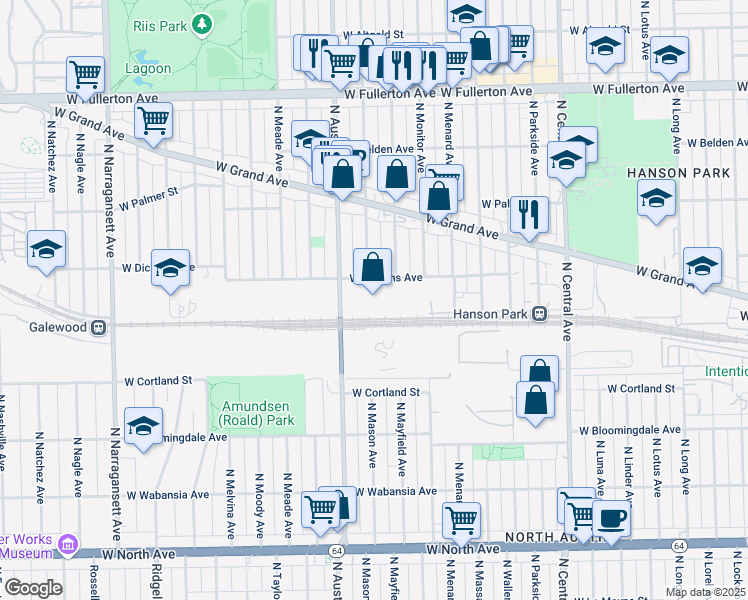 map of restaurants, bars, coffee shops, grocery stores, and more near 5921 West Dickens Avenue in Chicago