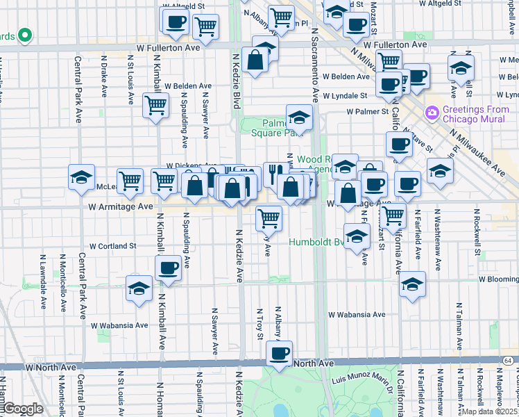 map of restaurants, bars, coffee shops, grocery stores, and more near 2001 North Albany Avenue in Chicago