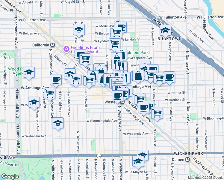 map of restaurants, bars, coffee shops, grocery stores, and more near 1980 North Milwaukee Avenue in Chicago